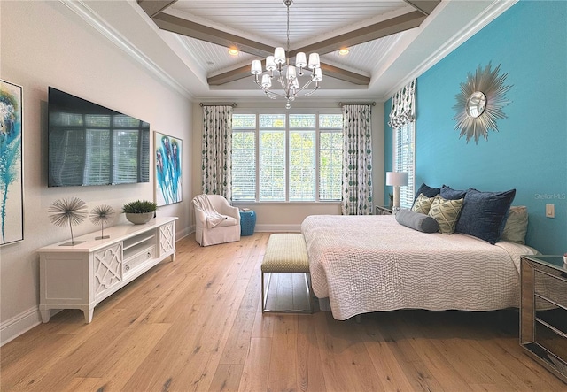 10143 Mattraw Pl, Golden Oak, FL 32836 - bedroom with a chandelier, beamed ceiling, light wood finished floors, and crown molding