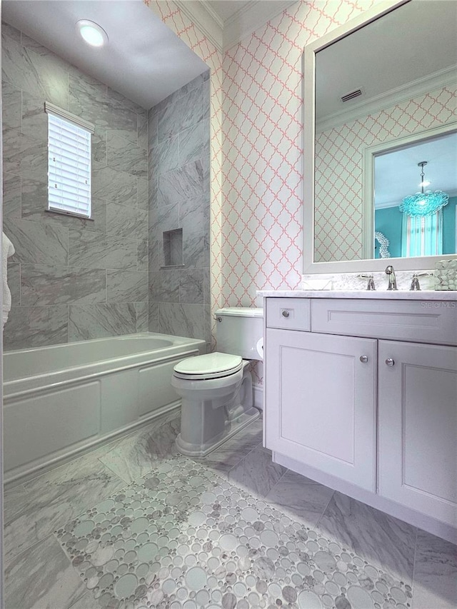 10143 Mattraw Pl, Golden Oak, FL 32836 - bathroom featuring crown molding, vanity, wallpapered walls, marble finish floors, and  shower combination