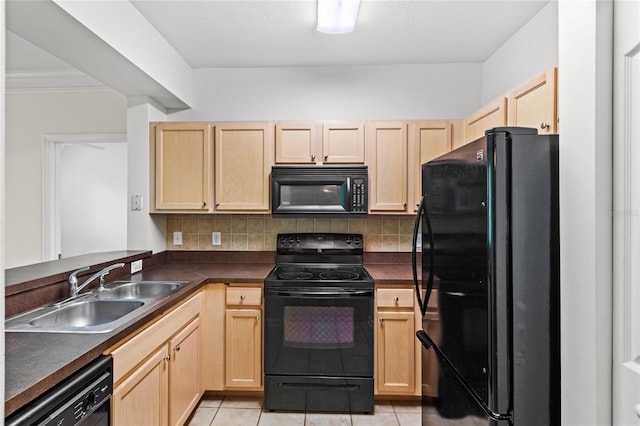12843 Madison Pointe Unit 208, Orlando, FL 32821 - kitchen with black appliances, light brown cabinetry, dark countertops, tasteful backsplash, and light tile patterned floors