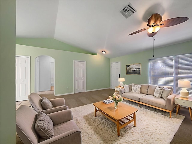 1877 Courtland Blvd, Deltona, FL 32738 - living room with arched walkways, lofted ceiling, and a ceiling fan