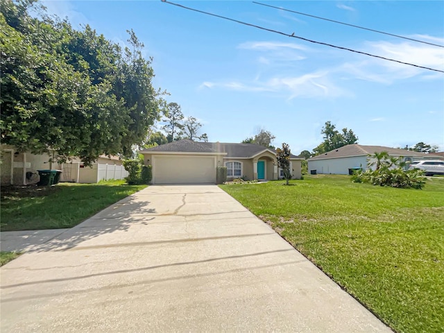 1877 Courtland Blvd, Deltona, FL 32738 - ranch-style home with driveway, an attached garage, a front lawn, and stucco siding