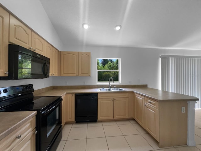 1877 Courtland Blvd, Deltona, FL 32738 - kitchen with black appliances, light brown cabinetry, a peninsula, light tile patterned flooring, and lofted ceiling