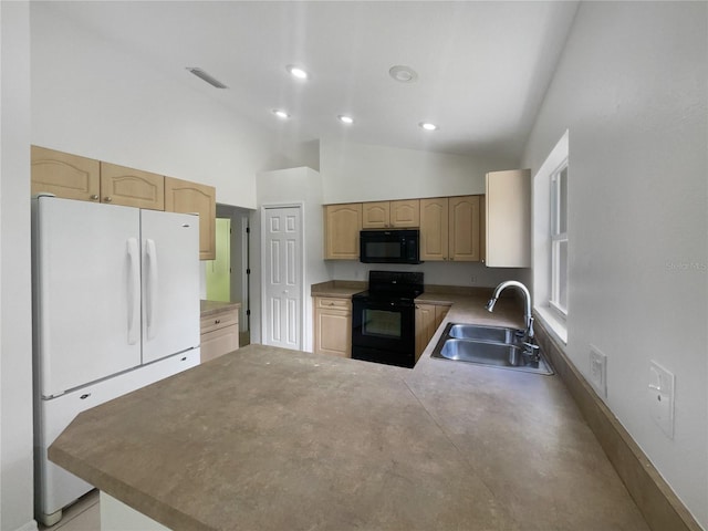1877 Courtland Blvd, Deltona, FL 32738 - kitchen featuring black appliances, light brown cabinets, a peninsula, recessed lighting, and high vaulted ceiling