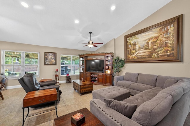 5704 Bay Side Dr, Orlando, FL 32819 - living room featuring a ceiling fan, lofted ceiling, recessed lighting, and light tile patterned flooring