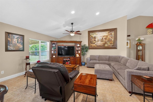5704 Bay Side Dr, Orlando, FL 32819 - living area with vaulted ceiling, a ceiling fan, recessed lighting, and light tile patterned floors