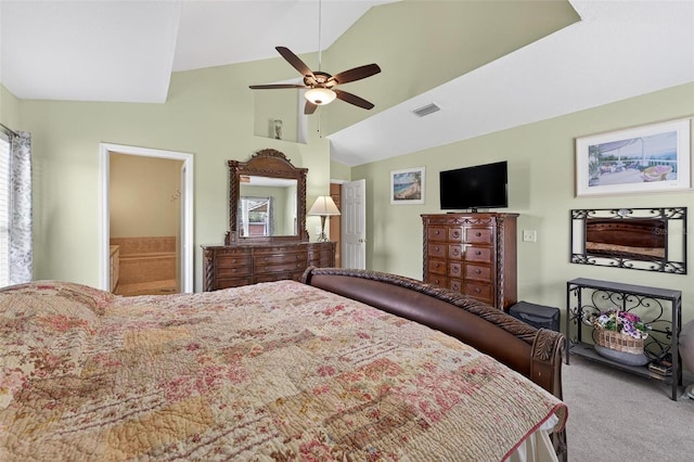 5704 Bay Side Dr, Orlando, FL 32819 - bedroom with lofted ceiling, carpet floors, a ceiling fan, and ensuite bath