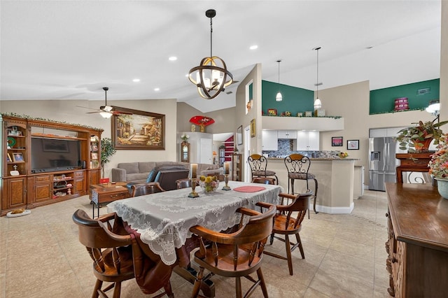 5704 Bay Side Dr, Orlando, FL 32819 - dining room featuring a ceiling fan, light tile patterned flooring, high vaulted ceiling, a chandelier, and recessed lighting