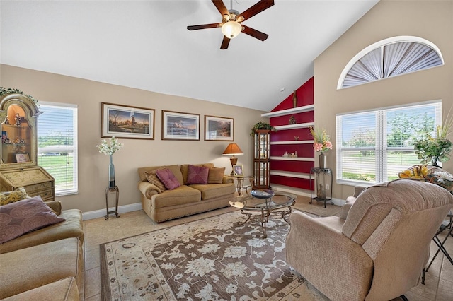 5704 Bay Side Dr, Orlando, FL 32819 - living room featuring a ceiling fan, healthy amount of natural light, and high vaulted ceiling