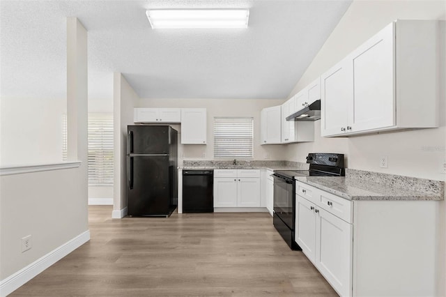 9558 Lupine Ave, Orlando, FL 32824 - kitchen featuring black appliances, under cabinet range hood, white cabinetry, lofted ceiling, and healthy amount of natural light