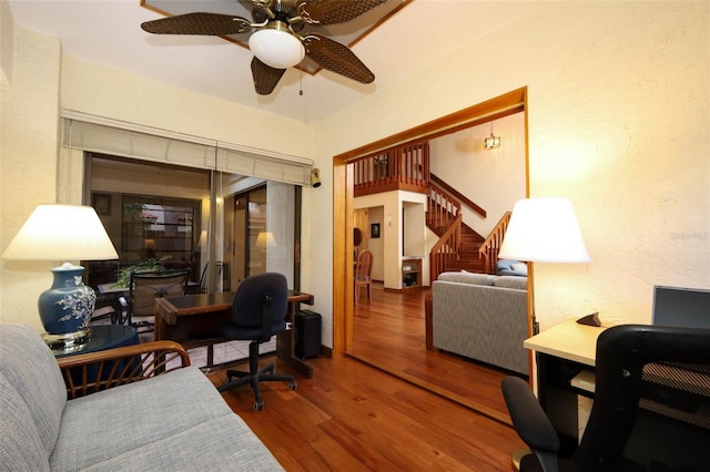 1121 Winged Foot Cir, Winter Springs, FL 32708 - office with wood finished floors, a ceiling fan, and a textured wall