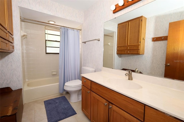 1121 Winged Foot Cir, Winter Springs, FL 32708 - bathroom with vanity, shower / bath combination with curtain, tile patterned floors, and wallpapered walls