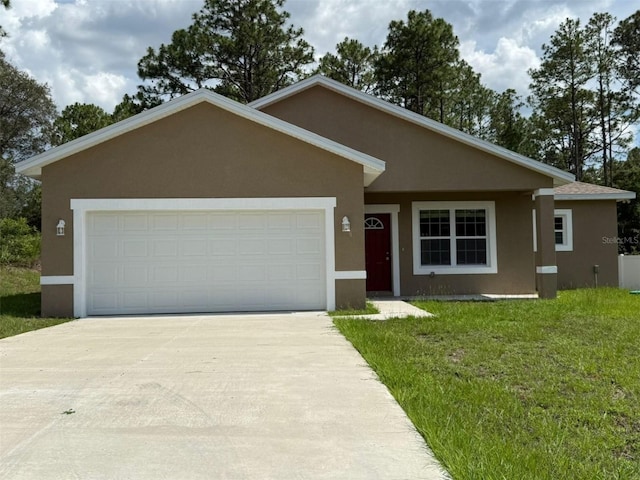 ranch-style home featuring stucco siding, driveway, a front lawn, and a garage