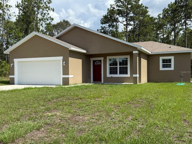 ranch-style home with stucco siding, an attached garage, and a front lawn