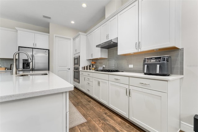 15716 Sweet Lemon Way, Winter Garden, FL 34787 - kitchen with stainless steel appliances, under cabinet range hood, backsplash, white cabinets, and recessed lighting