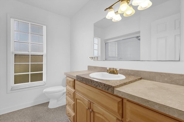 14402 SW 34th Terrace Rd, Ocala, FL 34473 - full bathroom with a chandelier, vanity, a shower with door, and tile patterned flooring