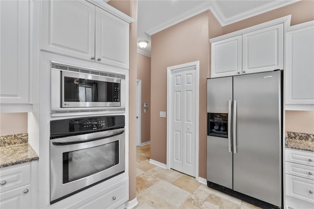 875 Bentley Green Cir, Winter Springs, FL 32708 - kitchen featuring appliances with stainless steel finishes, ornamental molding, white cabinets, stone tile flooring, and light stone counters
