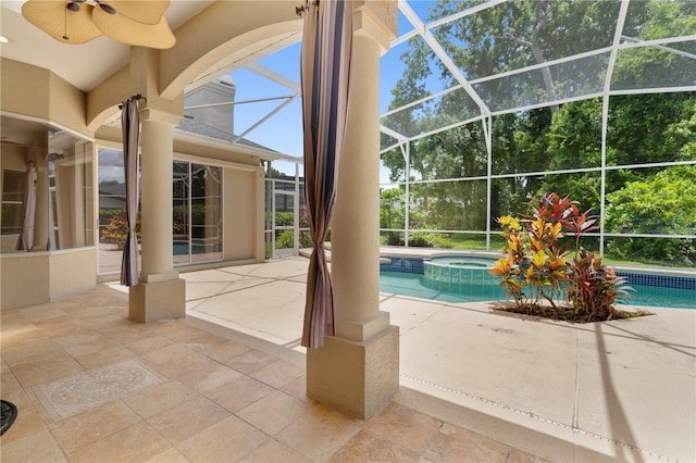 875 Bentley Green Cir, Winter Springs, FL 32708 - view of swimming pool featuring ceiling fan, a patio, a pool with connected hot tub, and glass enclosure