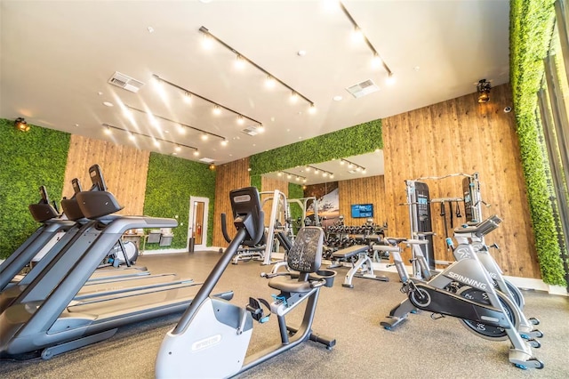 7478 Brooklyn Dr, Kissimmee, FL 34747 - exercise room with wood walls and rail lighting