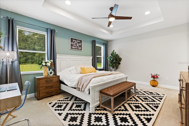 31924 Geoff, Sorrento, FL 32776 - bedroom featuring light colored carpet, a raised ceiling, recessed lighting, and ceiling fan