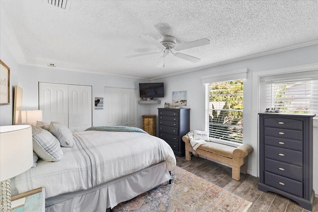 2356 Date Palm Dr, Edgewater, FL 32141 - bedroom with multiple closets, a textured ceiling, wood finished floors, and ceiling fan