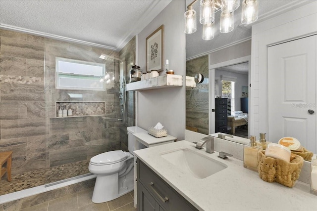 2356 Date Palm Dr, Edgewater, FL 32141 - full bathroom featuring a textured ceiling, vanity, walk in shower, plenty of natural light, and crown molding