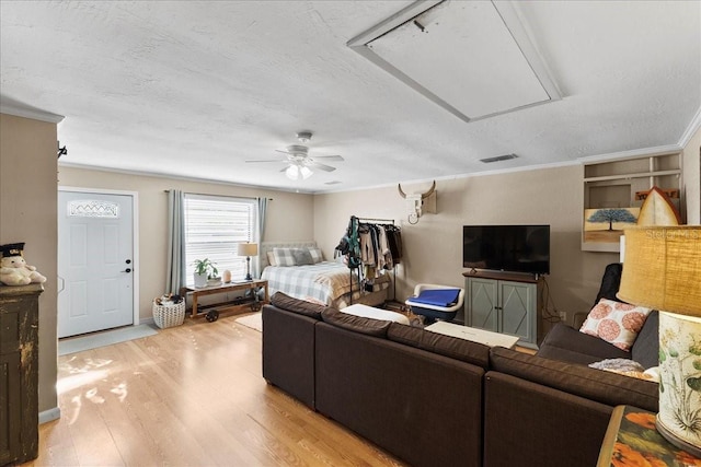 2356 Date Palm Dr, Edgewater, FL 32141 - living room featuring attic access, light wood-style floors, a ceiling fan, a textured ceiling, and ornamental molding