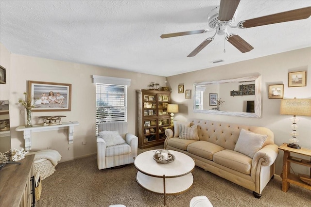 2356 Date Palm Dr, Edgewater, FL 32141 - carpeted living area featuring ceiling fan and a textured ceiling