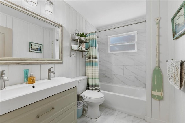 2356 Date Palm Dr, Edgewater, FL 32141 - bathroom with marble finish flooring, vanity, shower / bathtub combination with curtain, and wood walls