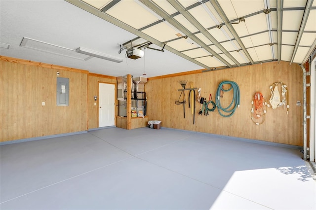 20542 Queen Alexandra Dr, Leesburg, FL 34748 - garage featuring electric panel, a garage door opener, wooden walls, and heating unit
