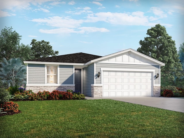 27 Sandy Ln, Palm Coast, FL 32164 - view of front of house featuring driveway, a garage, a front lawn, stone siding, and board and batten siding