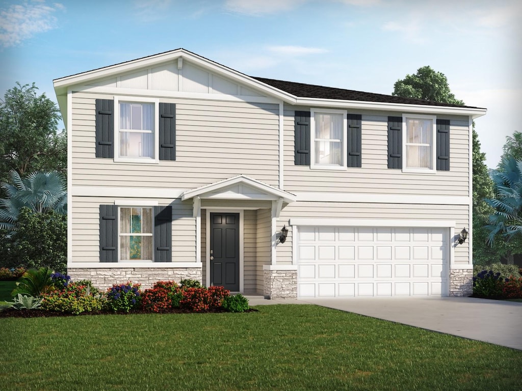 13 Wandering Crk, Way, Palm Coast, FL 32164 - view of front facade with stone siding, driveway, a front yard, and a garage