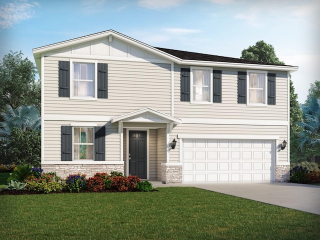 13 Wandering Crk, Way, Palm Coast, FL 32164 - view of front facade with stone siding, driveway, a front yard, and a garage