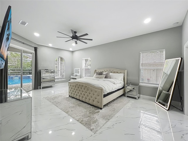 704 Forest View Ct, Winter Springs, FL 32708 - bedroom with light marble finish flooring, recessed lighting, access to exterior, and a ceiling fan