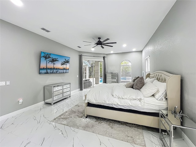 704 Forest View Ct, Winter Springs, FL 32708 - bedroom featuring access to outside, marble finish floors, recessed lighting, and ceiling fan