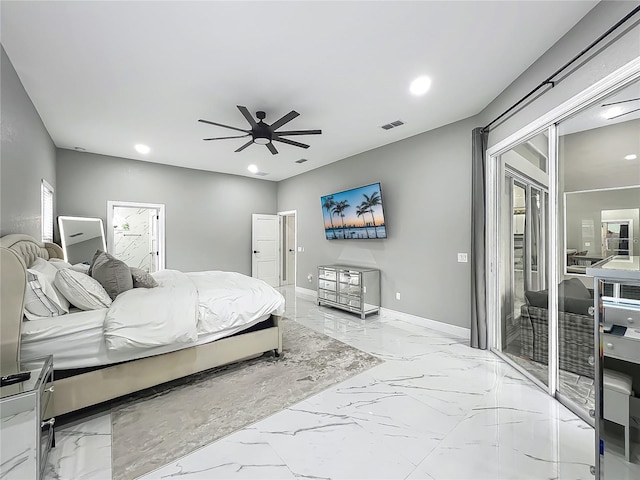 704 Forest View Ct, Winter Springs, FL 32708 - bedroom with marble tiled flooring, access to exterior, recessed lighting, and ceiling fan
