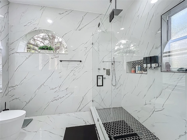 704 Forest View Ct, Winter Springs, FL 32708 - bathroom with stone wall, a marble finish shower, and marble tiled floors