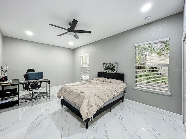 704 Forest View Ct, Winter Springs, FL 32708 - bedroom with a desk, recessed lighting, marble look tile flooring, and ceiling fan