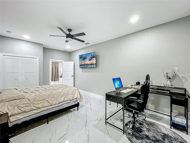 704 Forest View Ct, Winter Springs, FL 32708 - bedroom with marble tiled flooring, an office area, a closet, a ceiling fan, and recessed lighting