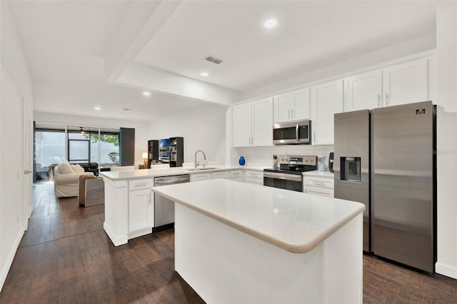 6931 Sperone St, Orlando, FL 32819 - kitchen with appliances with stainless steel finishes, a peninsula, open floor plan, light countertops, and recessed lighting