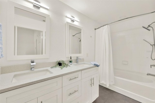 6931 Sperone St, Orlando, FL 32819 - bathroom featuring shower / bath combo, double vanity, and tile patterned floors