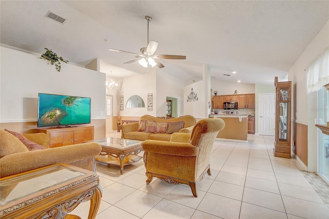 2800 Woodsmere Ct, Kissimmee, FL 34746 - living area with lofted ceiling, light tile patterned flooring, ceiling fan, a chandelier, and recessed lighting