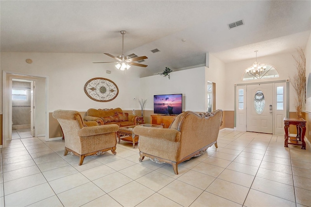2800 Woodsmere Ct, Kissimmee, FL 34746 - living area featuring light tile patterned floors, a chandelier, plenty of natural light, ceiling fan, and high vaulted ceiling