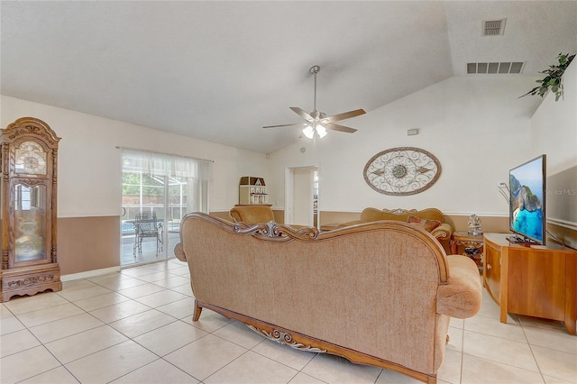 2800 Woodsmere Ct, Kissimmee, FL 34746 - living room featuring lofted ceiling, a ceiling fan, and light tile patterned floors