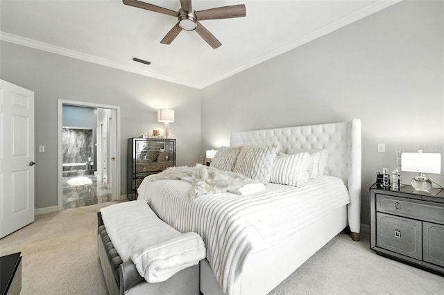 1769 Turnberry Ter, Orlando, FL 32804 - bedroom with light carpet, ornamental molding, a ceiling fan, and ensuite bathroom
