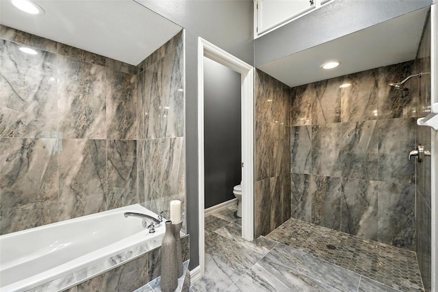1769 Turnberry Ter, Orlando, FL 32804 - bathroom with a bath, a tile shower, marble finish flooring, and recessed lighting