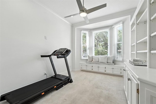 1769 Turnberry Ter, Orlando, FL 32804 - workout room featuring light carpet, a ceiling fan, and crown molding