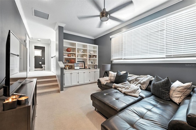 1769 Turnberry Ter, Orlando, FL 32804 - living room featuring light colored carpet, ceiling fan, and ornamental molding