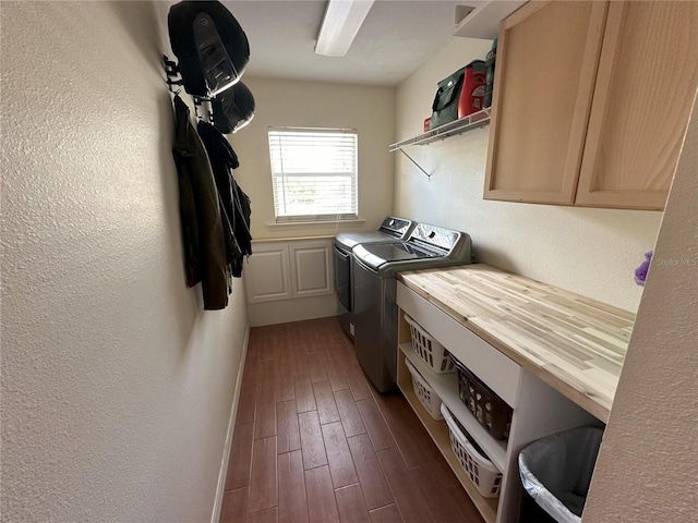 1140 Odoniel Loop S, Lakeland, FL 33809 - laundry area featuring cabinet space, washing machine and clothes dryer, dark wood-style floors, and a textured wall
