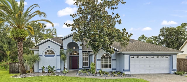 28707 Raleigh Pl, Wesley Chapel, FL 33545 - view of front of property featuring a garage, stucco siding, driveway, and a shingled roof