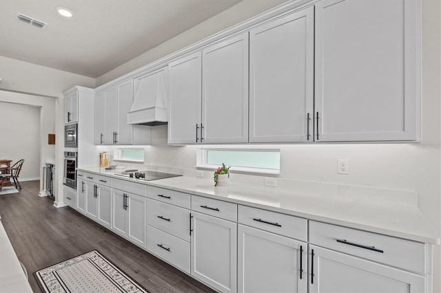 3179 Sailing Pier Ave, Winter Garden, FL 34787 - kitchen featuring custom exhaust hood, stainless steel appliances, white cabinetry, light countertops, and dark wood-style floors